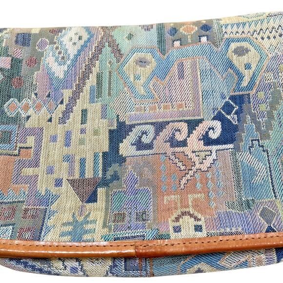 Italian Tapestry Purse 1980s Multicolor & Tan Leather Shoulder Bag Unique Retro - Picture 6 of 11